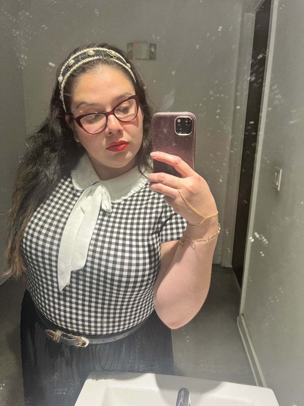Black & White Gingham Bow Collar Top